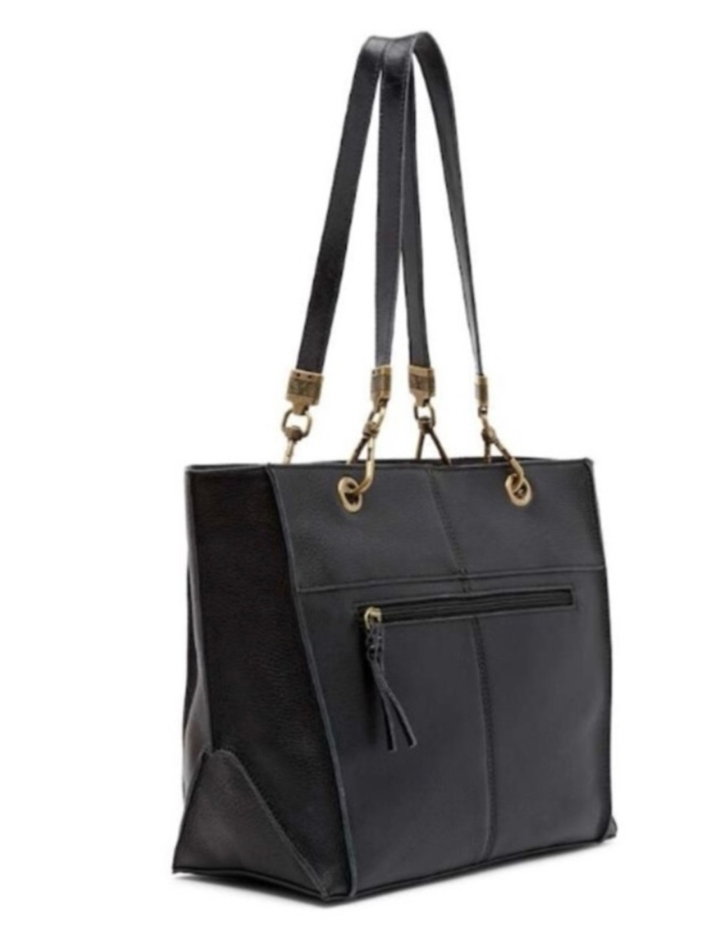 The Sak Classic Black Leather Tote with Front Zip Pockets.
